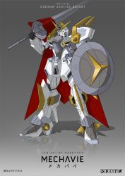 Rule 34 | artist name, character name, commentary, english commentary, green eyes, grey background, gundam, gundam build divers, gundam build divers re:rise, gundam justice knight, harryych, highres, holding, holding lance, holding polearm, holding shield, holding weapon, holstered, lance, looking ahead, mecha, no humans, over shoulder, polearm, robot, shield, solo, standing, sword, v-fin, weapon
