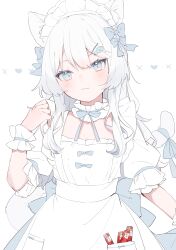 Rule 34 | 1girl, :3, absurdres, animal ears, apron, blue eyes, bow, breasts, cat ears, cat girl, cat tail, dress, hair bow, highres, light smile, long hair, looking at viewer, maid, maid apron, maid headdress, medium breasts, mokyuko, original, pocket, puffy short sleeves, puffy sleeves, short sleeves, tail, tail bow, tail ornament, white background, white dress, white hair, wrist cuffs