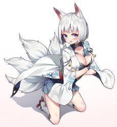 Rule 34 | 1girl, absurdres, animal ears, azur lane, blue eyes, blue skirt, blunt bangs, blush, bob cut, breasts, choker, cleavage, collarbone, commentary, crossed arms, fang, fox ears, fox tail, highres, hop3, japanese clothes, kaga (azur lane), kimono, kitsune, kneeling, kyuubi, large breasts, leaning forward, looking at viewer, multiple tails, open mouth, pleated skirt, rudder footwear, sakuramon, shikigami, short hair, skirt, solo, straight hair, tail, turning head, white hair, wide sleeves