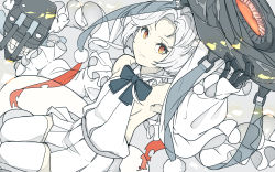 Rule 34 | 1girl, abyssal jade princess, abyssal ship, black bow, black bowtie, bow, bowtie, breasts, closed mouth, detached sleeves, dress, frills, grey background, hat, holding, holding clothes, holding hat, kantai collection, ninimo nimo, orange eyes, pale skin, short hair, simple background, skeletal hand, small breasts, solo, teeth, thighhighs, turret, white dress, white hair, white thighhighs