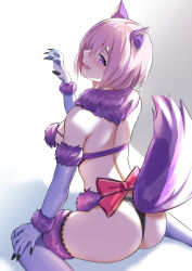 Rule 34 | 1girl, absurdres, animal ears, ass, bare shoulders, bee doushi, bow, breasts, claw pose, elbow gloves, fate/grand order, fate (series), fur-trimmed gloves, fur-trimmed legwear, fur collar, fur trim, gloves, hair over one eye, highres, lace, lace-trimmed legwear, lace trim, large breasts, light purple hair, looking at viewer, looking back, mash kyrielight, mash kyrielight (dangerous beast), open mouth, pink bow, purple eyes, purple gloves, purple thighhighs, revealing clothes, shadow, short hair, sitting, smile, solo, tail, thighhighs, wariza, wolf ears, wolf tail