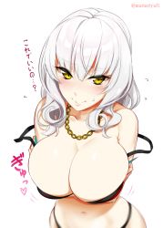 Rule 34 | 1girl, bikini, blurry, blush, breast hold, breasts, carmilla (fate), cleavage, comic, commentary request, depth of field, fate/grand order, fate (series), flying sweatdrops, from above, hair between eyes, heart, highres, jewelry, large breasts, long hair, mattari yufi, navel, necklace, sidelocks, slit pupils, smile, solo, strap slip, sweatdrop, swimsuit, translation request, twitter username, upper body, white background, white hair, yellow eyes