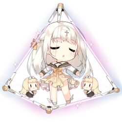 Rule 34 | 3girls, blonde hair, blush, blush stickers, braid, brown dress, brown sailor collar, c:, chibi, closed eyes, criss-cross halter, cross hair ornament, dress, energy barrier, energy shield, fairy (girls&#039; frontline), french braid, full body, girls&#039; frontline, hair ornament, hair ribbon, halterneck, layered skirt, long hair, long sleeves, multiple girls, neck ribbon, official art, open mouth, outstretched arms, pyramid (geometry), red eyes, ribbon, sailor collar, saru, shield fairy (girls&#039; frontline), shirt, simple background, skirt, smile, sparkle, third-party source, transparent background, white footwear, white hair, white shirt, white skirt, winged footwear, yellow ribbon, yellow skirt, | |