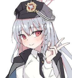 Rule 34 | 1girl, badge, black hat, black jacket, black necktie, blue archive, blush, braid, closed mouth, collared shirt, commentary request, grey hair, hand up, haruna (blue archive), hat, jacket, jacket on shoulders, long hair, long sleeves, looking at viewer, morphling (artist), necktie, peaked cap, raised eyebrows, red eyes, red hair, shirt, short necktie, side braid, sidelocks, sideways glance, simple background, single braid, smile, solo, star (symbol), thick eyelashes, turning head, upper body, w, white background, white shirt