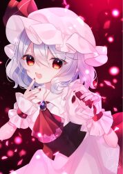 Rule 34 | 1girl, ascot, cacao (cacaomgmg), fang, frilled hat, frills, hat, highres, mob cap, nail polish, red ascot, red eyes, red ribbon, remilia scarlet, ribbon, short hair, skin fang, solo, touhou, white hat