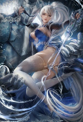 Rule 34 | 1girl, armor, ass, blue dress, blue eyes, blue footwear, breasts, choker, dress, earrings, floating, floating hair, frilled sleeves, frills, helmet, high collar, high heels, holding, holding sword, holding weapon, ice, jewelry, large breasts, long hair, long sleeves, looking at viewer, magic circle, myrtenaster, nail polish, necklace, parted lips, pelvic curtain, pendant, ponytail, rapier, red lips, rwby, sakimichan, scar, scar across eye, scar on face, shrug (clothing), side ponytail, sideboob, sidelocks, skindentation, solo, sword, thighhighs, thighs, tiara, water, weapon, weiss schnee, white footwear, white hair, white thighhighs, wind