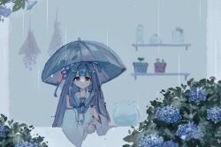 Rule 34 | 1girl, bad id, bad twitter id, blue flower, blue hair, blue ribbon, blunt bangs, bush, detached sleeves, dress, fishbowl, flower, from outside, hair intakes, hair ribbon, hanging plant, holding, holding umbrella, hydrangea, inactive account, kotonoha aoi, long hair, looking outside, low-tied sidelocks, morning glory, mu (fyt8ozu7rxqyoy4), neck ribbon, parted lips, plant, potted plant, rain, red eyes, ribbon, shelf, sidelocks, sleeveless, sleeveless dress, solo, sprout, straight-on, through window, two-handed, umbrella, umbrella over shoulder, upper body, voiceroid, white dress