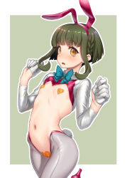 Rule 34 | 1girl, absurdres, animal ears, arms up, aya shachou, bob cut, bow, bowtie, braid, brown eyes, cameltoe, cleft of venus, cowboy shot, embarrassed, fake animal ears, fake tail, flat chest, gloves, green hair, hairband, heart pasties, high heels, highres, kantai collection, leotard, looking at viewer, meme attire, navel, non-web source, open mouth, pasties, playboy bunny, rabbit ears, rabbit tail, revealing clothes, reverse bunnysuit, reverse outfit, short hair, short hair with long locks, sidelocks, solo, tail, takanami (kancolle), two-tone background