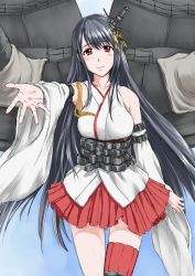 Rule 34 | 10s, 1girl, bad id, bad pixiv id, bare shoulders, black hair, blush, detached sleeves, fusou (kancolle), hair ornament, highres, japanese clothes, kantai collection, long hair, miko, outstretched hand, personification, red eyes, skirt, smile, solo, usfdive