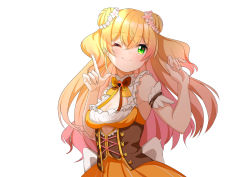 Rule 34 | 1girl, ;), ame., bare shoulders, blonde hair, blush, breasts, brown hair, cleavage, cleavage cutout, closed mouth, clothing cutout, commentary request, double bun, dress, flower, gradient hair, green eyes, hair between eyes, hair bun, hair flower, hair ornament, hands up, highres, hololive, long hair, medium breasts, momosuzu nene, multicolored hair, one eye closed, orange dress, pink flower, simple background, sleeveless, sleeveless dress, smile, solo, underbust, upper body, very long hair, virtual youtuber, white background