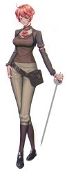 Rule 34 | 1girl, armband, belt pouch, black footwear, black legwear, breasts, brown eyes, brown shirt, full body, hand on own hip, highres, holding, holding sword, holding weapon, long sleeves, looking at viewer, medium breasts, original, pil tor, pouch, rapier, red hair, red neckwear, shirt, short hair, simple background, solo, sword, weapon, white background