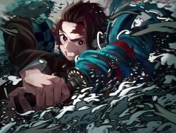 Rule 34 | 1boy, black jacket, brown hair, checkered haori, clenched teeth, holding, holding sword, holding weapon, jacket, kamado tanjirou, katana, kimetsu no yaiba, long sleeves, looking at viewer, male focus, red eyes, scar, scar on face, scar on forehead, solo, sword, tagame (tagamecat), teeth, weapon