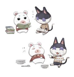 Rule 34 | 1boy, 1girl, :3, :d, :o, ^ ^, animal crossing, black eyes, blush, book, book stack, cat boy, closed eyes, collared shirt, commentary request, eating, floral print, flurry (animal crossing), food, food on face, fork, full stomach, furry, furry female, furry male, hamster girl, holding, holding book, kaji (oni atat), long sleeves, nintendo, open book, open mouth, plaid, plaid shirt, plate, plate stack, punchy (animal crossing), reading, red sweater, shirt, short sleeves, simple background, sitting, squeans, sleeping, sleeping upright, smile, sweater, u u, white background, yellow shirt