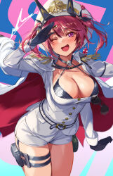 Rule 34 | 1girl, anchor symbol, animal on arm, aviator sunglasses, belt, bird, bird on arm, black gloves, breasts, buttons, cleavage, coat, coat on shoulders, eyewear hang, fang, gloves, goddess of victory: nikke, hat, hat ornament, highres, large breasts, mast (nikke), michairu, morgan (nikke), parrot, pink eyes, pouch, red hair, shorts, simple background, skin fang, skull choker, skull collar, skull hat ornament, skull print, solo, sunglasses, thigh pouch, unworn eyewear, white shorts