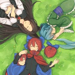 Rule 34 | 3girls, absurdres, animal ears, black shirt, blue bow, blue hair, blush, bow, breasts, brooch, brown hair, cape, closed eyes, commentary, day, disembodied head, dress, drill hair, fins, frilled sleeves, frills, from above, grass, grass root youkai network, green kimono, hair bow, hands up, head fins, high collar, highres, imaizumi kagerou, japanese clothes, jewelry, kimono, long hair, long sleeves, lying, medium breasts, multiple girls, on back, on ground, on side, open mouth, outdoors, red cape, red hair, sekibanki, senzaicha kasukadoki, shirt, short hair, signature, sleeping, smile, touhou, upper body, wakasagihime, white dress, wide sleeves, wolf ears