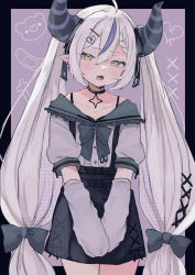 Rule 34 | 1girl, absurdres, ahoge, belt, blush, choker, detached sleeves, earrings, frills, highres, hololive, horns, jewelry, la+ darknesss, long hair, looking at viewer, nemuta muu, open mouth, pointy ears, purple hair, skirt, solo, twintails, very long hair, virtual youtuber, white hair, yellow eyes