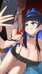 Rule 34 | 2girls, absurdres, animal hood, bare shoulders, black choker, black hair, black pants, black shirt, blue eyes, blue hair, blunt bangs, blush, breasts, brown hair, brown hoodie, choker, cleavage, collarbone, colored inner hair, crop top, crossed bangs, derkui (sdxawqecz), glowing, glowing eye, hair intakes, hand up, highres, holding, holding knife, holding phone, hololive, hololive english, hood, hood up, hoodie, knife, large breasts, long hair, long sleeves, multicolored hair, multiple girls, nail polish, naked sweater, nanashi mumei, nanashi mumei (casual), official alternate costume, open mouth, ouro kronii, oversized clothes, pants, partially unbuttoned, phone, pink nails, red eyes, shirt, short shorts, shorts, sidelocks, sitting, skindentation, sleeveless, sleeveless shirt, smile, spaghetti strap, streaked hair, sweater, two-tone hair, very long hair, virtual youtuber, white hair