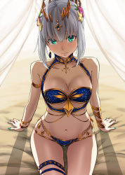 Rule 34 | 1girl, 4690 (tkpbsk), adapted costume, ahoge, armband, blush, braid, breasts, collarbone, crown, earrings, fate/grand order, fate (series), french braid, gray (fate), green eyes, green nails, grey hair, harem outfit, jewelry, looking at viewer, lord el-melloi ii case files, medium breasts, nail polish, navel, on bed, revealing clothes, sitting, solo, thigh strap