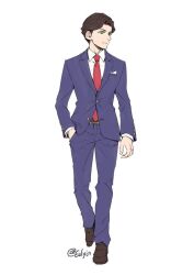 Rule 34 | 1boy, andrew hanbridge, belt, belt buckle, brown belt, brown footwear, brown hair, buckle, buttons, collared shirt, eulyin huan, full body, green eyes, hair intakes, hand in pocket, jacket, lapels, little witch academia, male focus, necktie, notched lapels, pants, pocket square, purple jacket, purple pants, red necktie, shirt, simple background, solo, white background, white shirt