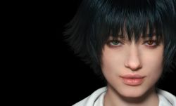 Rule 34 | 1girl, 3d, black background, brown hair, devil may cry (series), devil may cry 5, heterochromia, highres, lady (devil may cry), official art, scar, scar on face, scar on nose, simple background, smile, solo