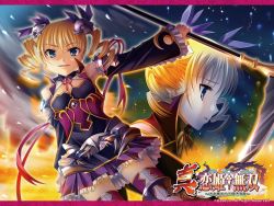 Rule 34 | 1girl, blonde hair, drill hair, from side, koihime musou, letterboxed, long sleeves, looking at viewer, outstretched arm, profile, scythe, sousou (koihime musou), standing, text focus, thighhighs, twin drills, weapon, zettai ryouiki