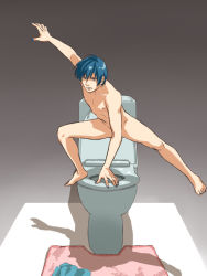 Rule 34 | 1boy, bad id, bad pixiv id, barefoot, blue hair, censored, convenient arm, convenient censoring, cum, kaito (vocaloid), male focus, nail polish, nude, pooo, shadow, solo, toilet, vocaloid, what