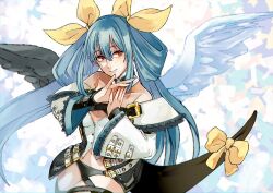 Rule 34 | 1girl, bare shoulders, belt, black panties, blue hair, closed mouth, collarbone, detached collar, detached sleeves, dizzy (guilty gear), hair between eyes, hair ribbon, hair rings, looking at viewer, mature female, midriff, monster girl, navel, nishimoto, own hands together, panties, red eyes, ribbon, solo, tail, tail ornament, tail ribbon, thick thighs, thighs, twintails, underwear, wide sleeves, yellow ribbon