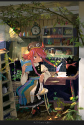 Rule 34 | 1girl, book, bookshelf, bottle, cat, clock, commentary request, hat, highres, holding, holding book, indoors, inkwell, long sleeves, original, plant, quill, red eyes, red hair, ryu (17569823), short hair with long locks, sitting, translation request, wall clock, yawning