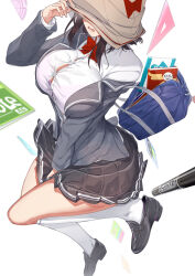Rule 34 | 1girl, bag, between legs, black footwear, blue bag, book, bow, bra, bra visible through clothes, breasts, brown hair, brown skirt, button gap, commentary request, cover image, hand between legs, hand on headwear, highres, huge breasts, kamiyama-san no kamibukuro no naka niha, kamiyama samidare, loafers, lower teeth only, marker, medium hair, neropaso, off shoulder, open bag, open mouth, paper bag, pink bra, protractor, red bow, school bag, shoes, skirt, socks, solo, teeth, underwear, white background, white socks