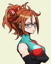 Rule 34 | 1girl, alternate hairstyle, android, android 21, black-framed eyewear, blue hair, breasts, checkered clothes, checkered dress, crossed arms, detached sleeves, dragon ball, dragon ball fighterz, dress, earrings, glasses, hoop earrings, jewelry, looking at viewer, medium breasts, ponytail, red hair, red ribbon, red ribbon army, ribbon, shirt, sleeveless, sleeveless shirt, solo, two-tone dress, upper body, white background