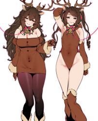 Rule 34 | 2girls, animal, animal costume, antlers, arm up, armpits, bare shoulders, bell, black pantyhose, braid, breasts, brown eyes, brown gloves, brown leotard, cleavage, collar, commentary request, covered navel, detached sleeves, dress, gloves, hair between eyes, half-closed eyes, highres, hizuki akira, horns, large breasts, leotard, long hair, looking at viewer, multiple girls, neck bell, no bra, original, pantyhose, reindeer antlers, reindeer costume, small breasts, smile, strapless, strapless dress, twintails, very long hair, white background