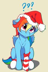 Rule 34 | 1girl, ?, absurdres, alcorart, animal, blue fur, clothed animal, full body, grey background, hat, highres, looking at viewer, multicolored hair, my little pony, my little pony: friendship is magic, no humans, pegasus, pink eyes, rainbow dash, rainbow hair, red socks, santa hat, simple background, socks, solo, striped clothes, striped socks, white socks