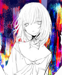 Rule 34 | 1girl, absurdres, bags under eyes, closed mouth, dot nose, expressionless, greyscale with colored background, hair between eyes, highres, looking at viewer, medium hair, multicolored background, neckerchief, noroi (rnatataki), original, sailor collar, school uniform, serafuku, shirt, solo, upper body