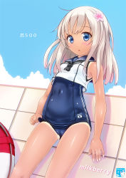 Rule 34 | 10s, 1girl, :o, adjusting clothes, adjusting swimsuit, bare legs, bare shoulders, blonde hair, blue eyes, cameltoe, character name, covered navel, crop top, flower, hair flower, hair ornament, kantai collection, kisaragi miyu, lifebuoy, long hair, looking at viewer, neckerchief, ro-500 (kancolle), sailor collar, school uniform, solo, swim ring, swimsuit, swimsuit under clothes, tan, tanline, tile wall, tiles, tongue, tongue out