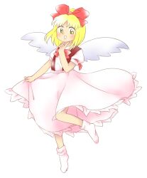 Rule 34 | 1girl, :d, blonde hair, bobby socks, bow, dress, flat chest, full body, gengetsu (touhou), hair bow, hand up, leg up, nonamejd, official style, open clothes, open mouth, open vest, puffy short sleeves, puffy sleeves, red bow, red vest, short hair, short sleeves, simple background, smile, socks, solo, touhou, vest, white background, white dress, white socks, white wings, wings, yellow eyes, zun (style)
