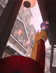Rule 34 | 1girl, architecture, blunt bangs, blush, building, commentary, east asian architecture, feet out of frame, female focus, flower, from below, green kimono, hair flower, hair ornament, hakama, hand up, hieda no akyuu, japanese clothes, kimono, kinpatsuno, lantern, looking at viewer, looking to the side, parted lips, purple eyes, purple hair, red hakama, short hair, snow, solo, standing, touhou, umbrella, veranda, winter, yellow sleeves