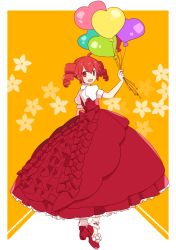 Rule 34 | 1girl, ahoge, ankle cuffs, balloon, dress, drill hair, frilled dress, frills, full body, gown, heart balloon, high heels, kasane teto, lolita fashion, long dress, looking at viewer, open mouth, orange background, pink hair, puffy short sleeves, puffy sleeves, red eyes, red hair, short sleeves, simple background, smile, solo, twin drills, twintails, utau, yoshiki