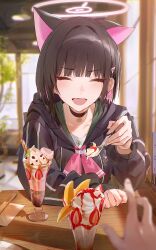 Rule 34 | 1girl, 1other, absurdres, animal ears, black hair, black hoodie, blue archive, cat ears, closed eyes, colored inner hair, extra ears, facing viewer, flatshi, food, hair ornament, hairclip, halo, highres, holding, holding spoon, hood, hoodie, kazusa (blue archive), long sleeves, multicolored hair, open mouth, parfait, pink hair, pink halo, short hair, smile, solo focus, spoon