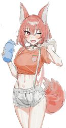 Rule 34 | 1girl, animal ears, arknights, badge, black choker, blush, bottle, breasts, bright pupils, choker, collarbone, cowboy shot, crop top, fang, flametail (arknights), flametail (sport for all) (arknights), hands up, highres, holding, holding bottle, holding towel, long hair, looking at viewer, low ponytail, medium breasts, midriff, navel, one eye closed, orange shirt, pendant choker, red eyes, red hair, shirt, short shorts, short sleeves, shorts, simple background, skin fang, smile, solo, squirrel ears, squirrel girl, squirrel tail, suisogenshi, suspender shorts, suspenders, sweat, tail, towel, very sweaty, water bottle, white background, white pupils