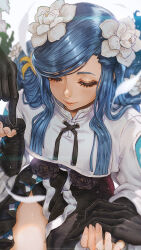 1girl angel_wings artist_name black_dress black_flower black_gloves blue_hair braid braided_ponytail breasts closed_mouth crop_top dizzy_(guilty_gear) dress elbow_gloves feathers fingerless_gloves fingernails flower from_above front_slit gloves guilty_gear guilty_gear_strive hair_ornament highres holding_hands lips long_hair long_skirt magion02 mature_female nail_polish necro_(guilty_gear) patreon_username pink_nails queen_dizzy shaded_face sidelocks skirt smile solo swept_bangs thick_eyelashes thick_thighs thighs undine_(guilty_gear) white_flower wings yellow_flower