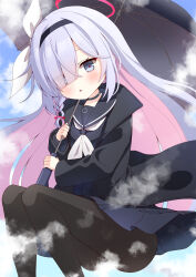 Rule 34 | 1girl, azel (laevateinn495), blue archive, blush, braid, breasts, cloud, collar, commentary request, grey hair, hair ornament, hair over one eye, halo, headband, highres, jacket, long hair, looking at viewer, multicolored hair, pantyhose, plana (blue archive), side braid, sky, small breasts, solo, steam, two-tone hair, umbrella