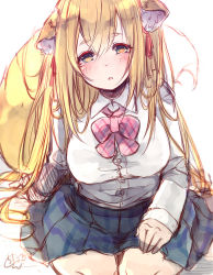 Rule 34 | 1girl, animal ear fluff, animal ears, blonde hair, blue sky, blush, bow, breasts, brown eyes, chita (ketchup), collared shirt, diagonal stripes, dress shirt, fox ears, fox girl, fox tail, hair between eyes, highres, long hair, long sleeves, looking at viewer, medium breasts, original, parted lips, pink bow, pleated skirt, shirt, signature, sketch, skirt, sky, sleeves past wrists, solo, striped, striped bow, tail, tail raised, very long hair, white background, white shirt