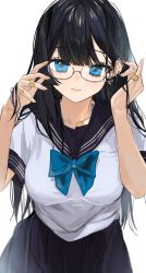 Rule 34 | 1girl, absurdres, bandaid, bandaid on hand, bandaid on neck, black hair, black sailor collar, black skirt, blue bow, blue bowtie, blue eyes, bow, bowtie, breasts, closed mouth, commentary request, ear piercing, glasses, highres, large breasts, long hair, looking at viewer, neck tattoo, original, piercing, pleated skirt, sailor collar, school uniform, serafuku, short sleeves, simple background, skirt, solo, tattoo, utsuhostoria, white background