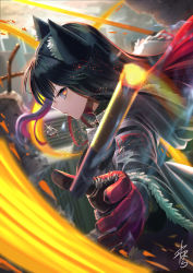 Rule 34 | 1girl, animal ears, arknights, black hair, black shirt, blurry, blurry background, broken wall, cigarette, city, closed mouth, cloud, cloudy sky, day, depth of field, embers, foreshortening, fur-trimmed jacket, fur trim, glint, gloves, glowing, glowing sword, glowing weapon, heart, heart necklace, hood, hooded jacket, jacket, jewelry, long hair, looking at viewer, multicolored hair, necklace, official alternate costume, orange eyes, outdoors, profile, red gloves, red hair, shirt, signature, sky, slashing, solo, straight hair, texas (arknights), texas (winter messenger) (arknights), turtleneck, two-tone hair, weapon, white jacket, wind, wolf ears, yamahara