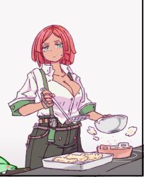 Rule 34 | 1girl, belt, bowl, breasts, brown belt, brown gloves, cleavage, cooking, dog, fingerless gloves, food, giovanna (guilty gear), gloves, green eyes, guilty gear, highres, holding, holding bowl, ladle, large breasts, parted lips, red hair, rei (guilty gear), shirt, short hair, solo, stove, suspenders, sweatdrop, white background, white shirt, zuizou