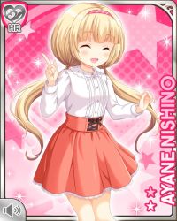Rule 34 | 1girl, alternate costume, blonde hair, card, character name, closed eyes, girlfriend (kari), headband, nishino ayane, official art, open hand, pink background, pink skirt, pointing, pointing up, qp:flapper, red eyes, shirt, skirt, smile, solo, standing, tagme, twintails, white shirt
