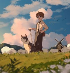 Rule 34 | 1boy, arisa (aren), artist name, belt, bird, blue eyes, boots, brown footwear, brown hair, brown pants, cloud, day, dog, english text, hand on own hip, highres, male focus, open mouth, original, outdoors, pants, pitchfork, sheep, shirt, short hair, smile, solo, suspenders, white shirt, windmill