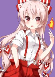 Rule 34 | 1girl, bow, buttons, collared shirt, fire, fujiwara no mokou, grey hair, hair bow, hand in pocket, highres, long hair, looking at viewer, multicolored bow, multiple boys, open mouth, pants, purple background, pyrokinesis, red bow, red eyes, red pants, ruu (tksymkw), shirt, short sleeves, simple background, solo, suspenders, touhou, v-shaped eyebrows, very long hair, white bow