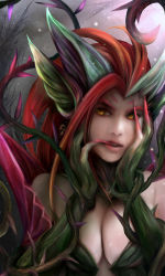 Rule 34 | 1girl, bare shoulders, breasts, cleavage, female focus, highres, leaf, league of legends, solo, thorns, yellow eyes, zhang xiao bo, zyra