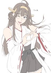 Rule 34 | 1girl, ahoge, brown hair, cowboy shot, detached sleeves, gold hairband, hairband, heart, heart hands, highres, kantai collection, kongou (kancolle), long hair, nontraditional miko, one eye closed, open mouth, simple background, smile, solo, white background, white sleeves, zekkyon